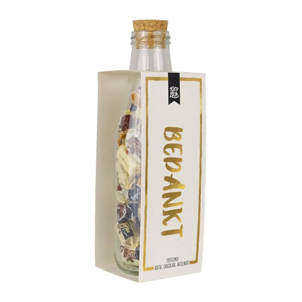 100% LEUK Momenten fles met toffees – Bedankt