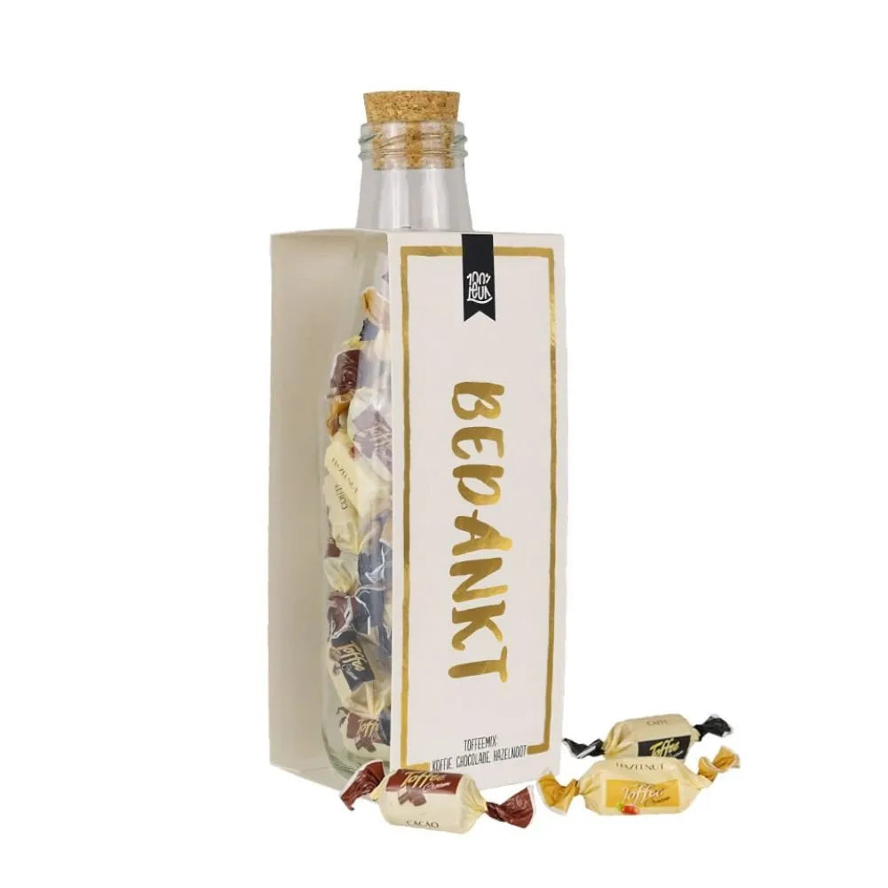 100% LEUK Momenten fles met toffees – Bedankt