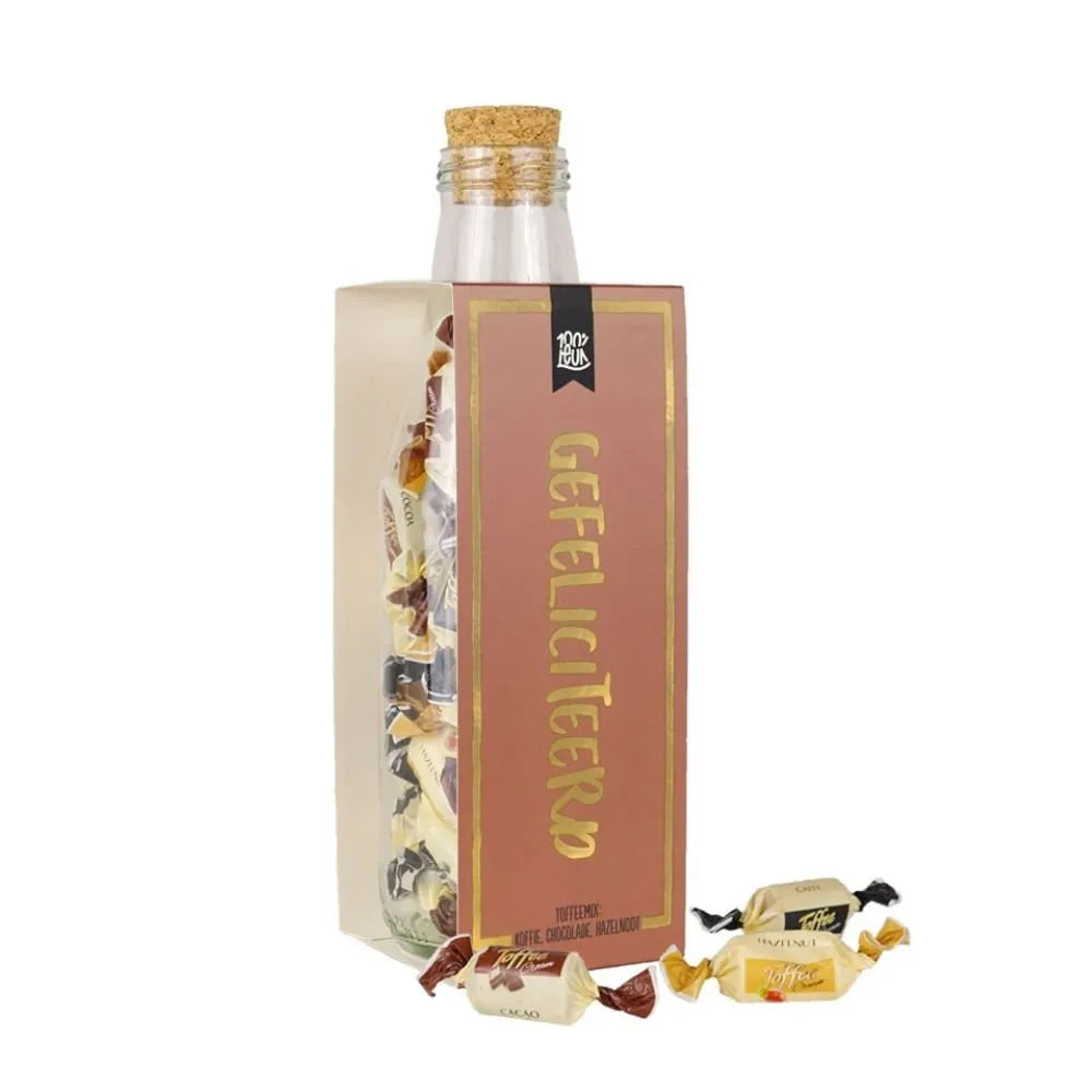 100% LEUK Momenten fles met toffees – Gefeliciteerd