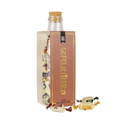 100% LEUK Momenten fles met toffees – Gefeliciteerd
