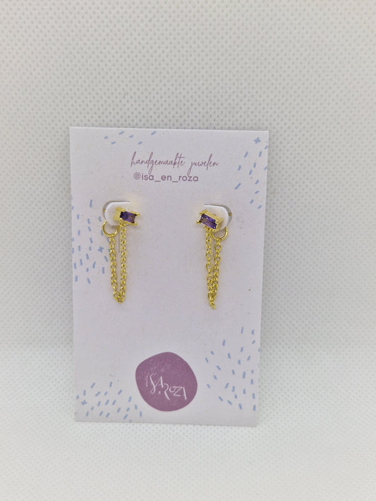 Oorstekers gouden ketting - paarse steen